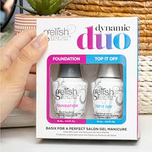 Gelish bottles next to a hand for size comparison and easier handling benefit