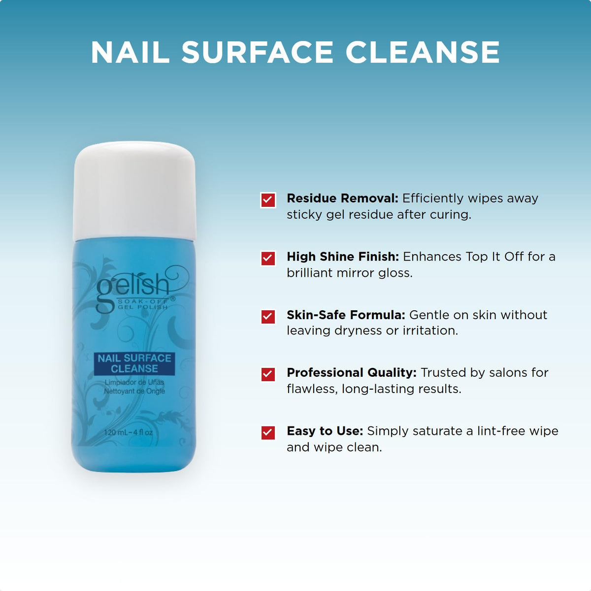 Gelish close-up of cleanser liquid texture demonstrating gentle, non-drying formulation