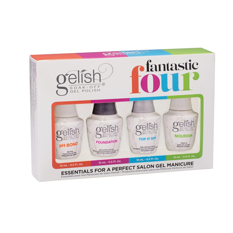 Gelish front packaging shot showing complete four-piece kit and benefits