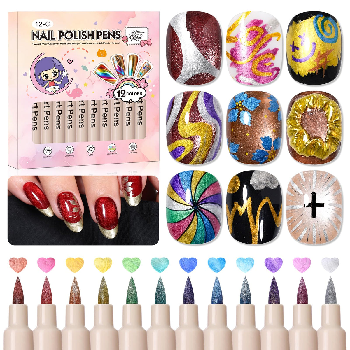 GELLAKTIK front packaging showing 12 metallic nail art pens and set benefit