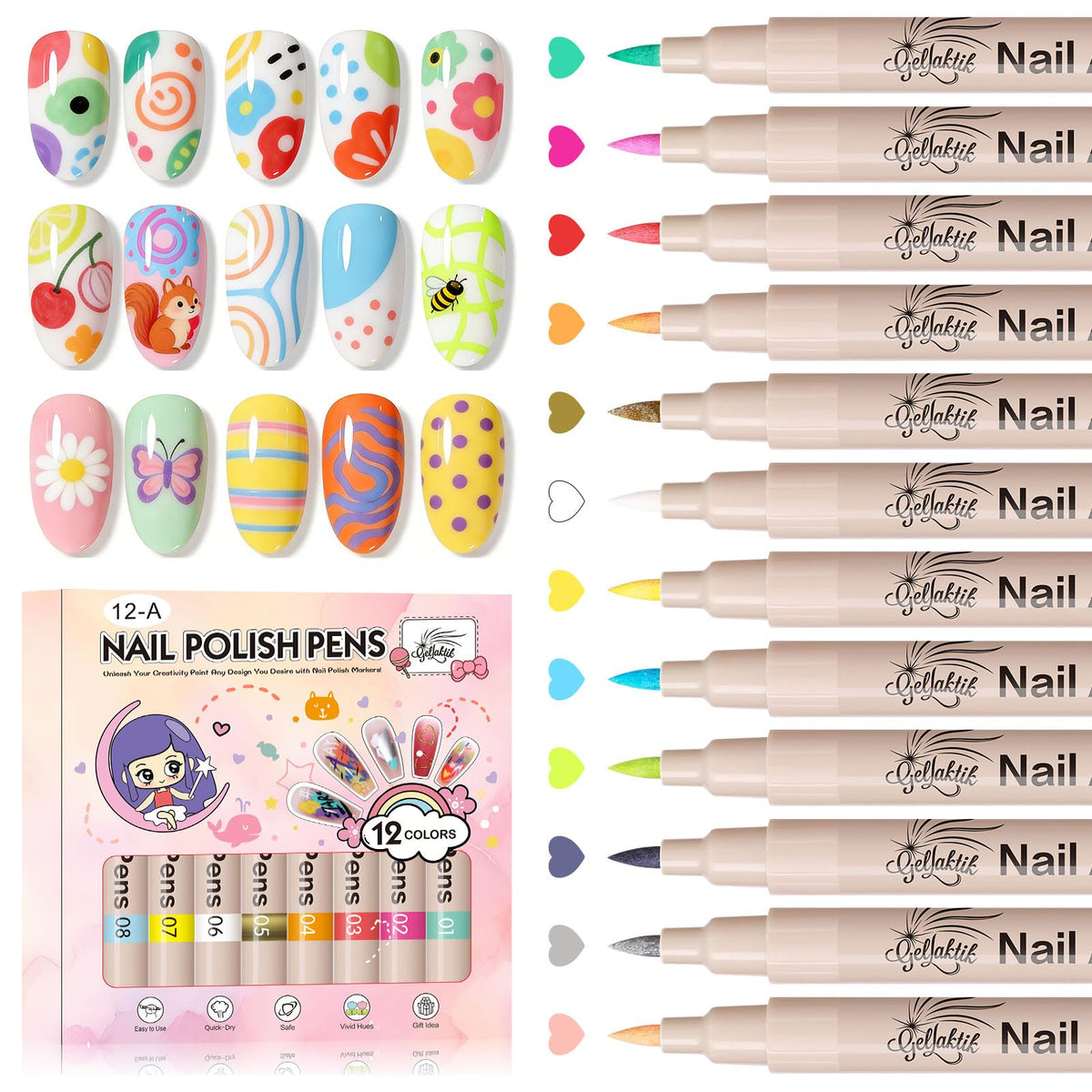 GELLAKTIK front packaging showing 12-color nail art pens and kit benefits