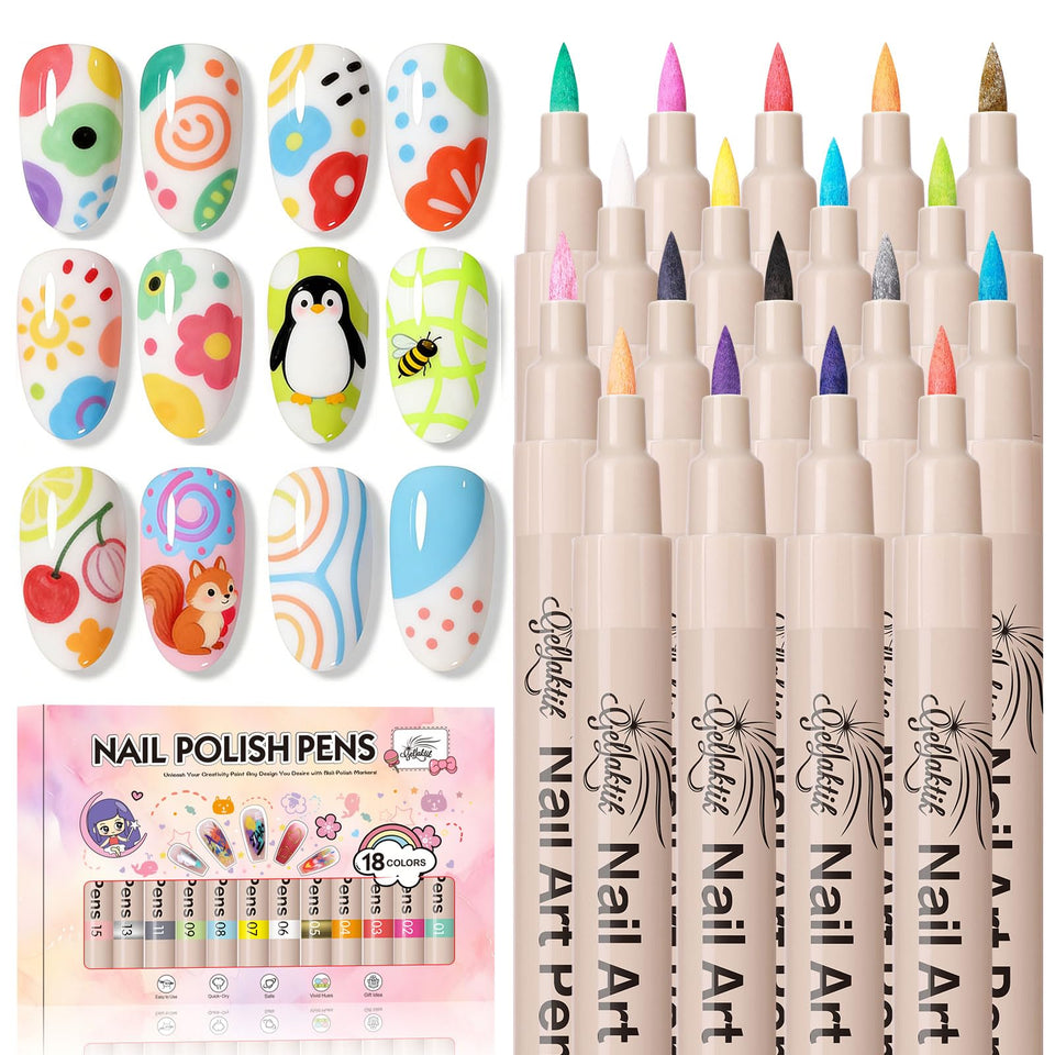 GELLAKTIK front packaging showing all 18 colorful nail art pens and kit benefits