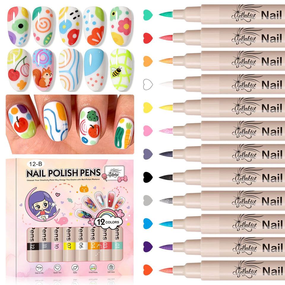 GELLAKTIK front packaging showing all 12 colorful nail art pens and case benefits