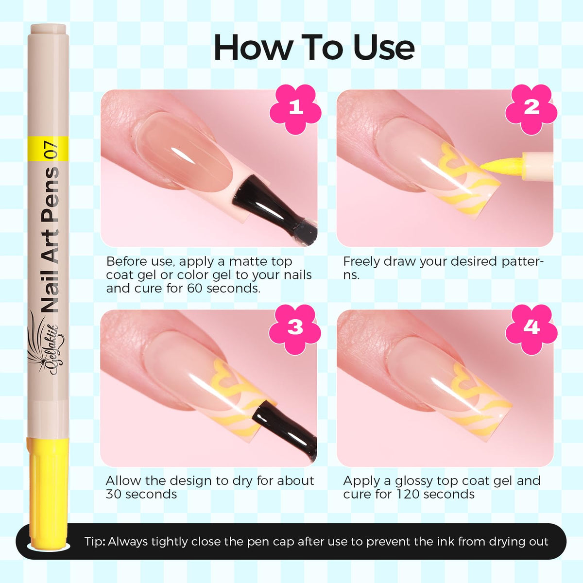 GELLAKTIK cap and tip detail illustrating easy priming and storage