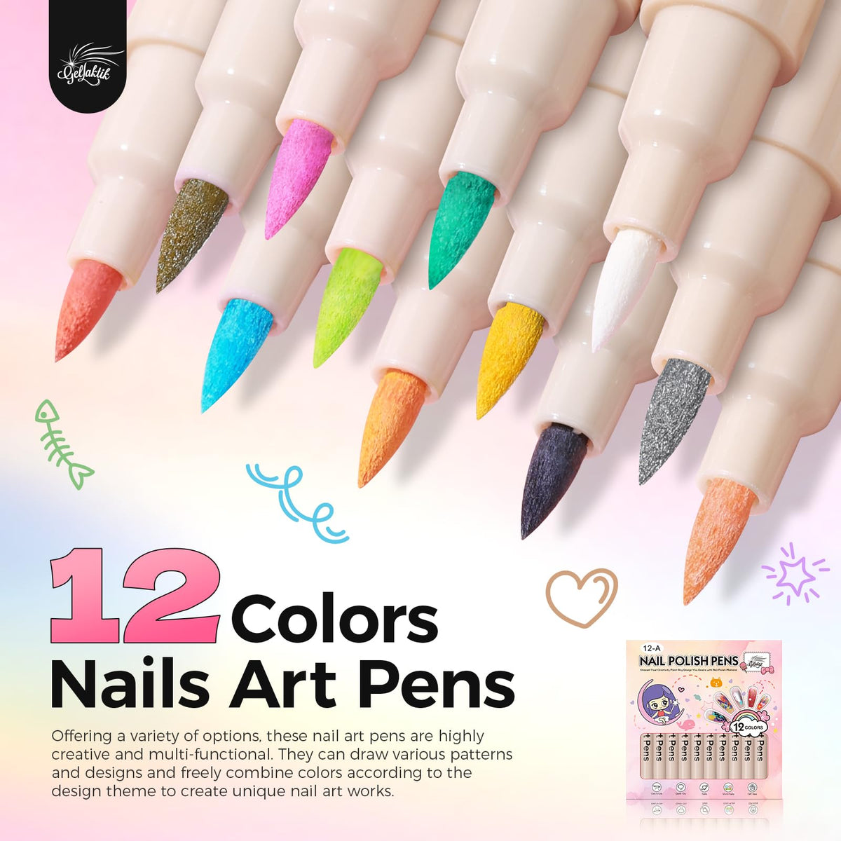 GELLAKTIK open set with twelve pens laid out to show color range and portability