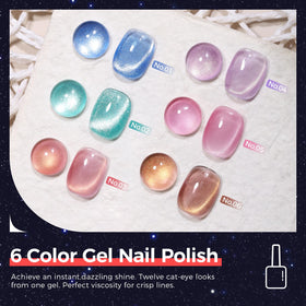 GELLAKTIK six cat eye gel bottles lined up for color selection