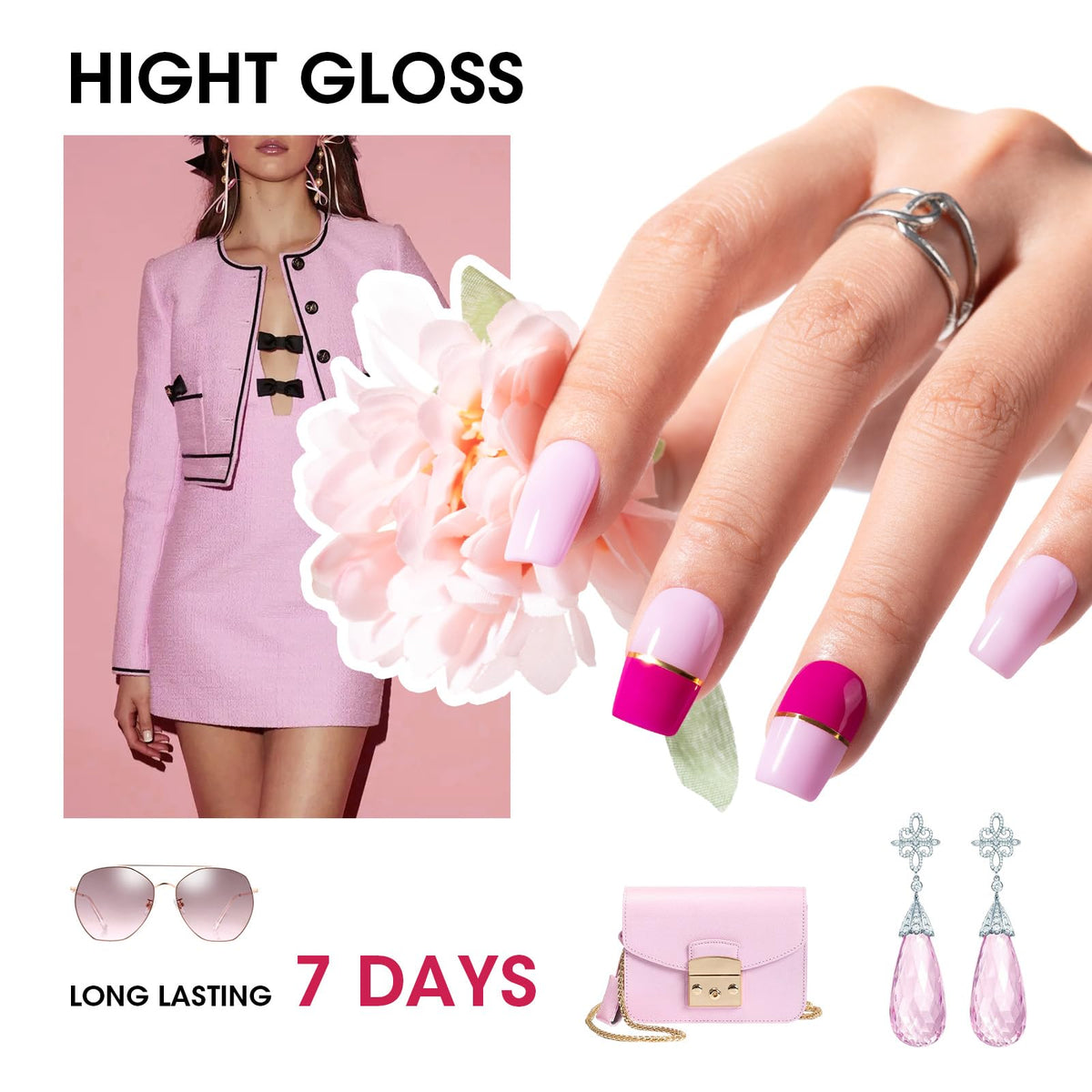GELLEN finished acrylic nails in hot pink showing durable chip-resistant benefit