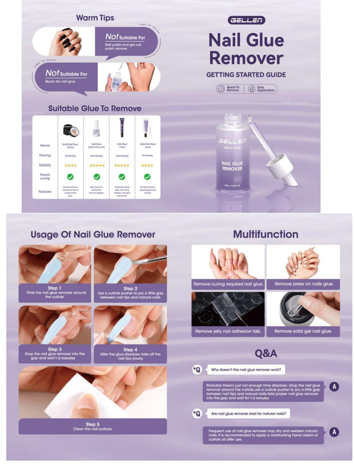 GELLEN product label closeup highlighting non‑acetone formula and usage tips