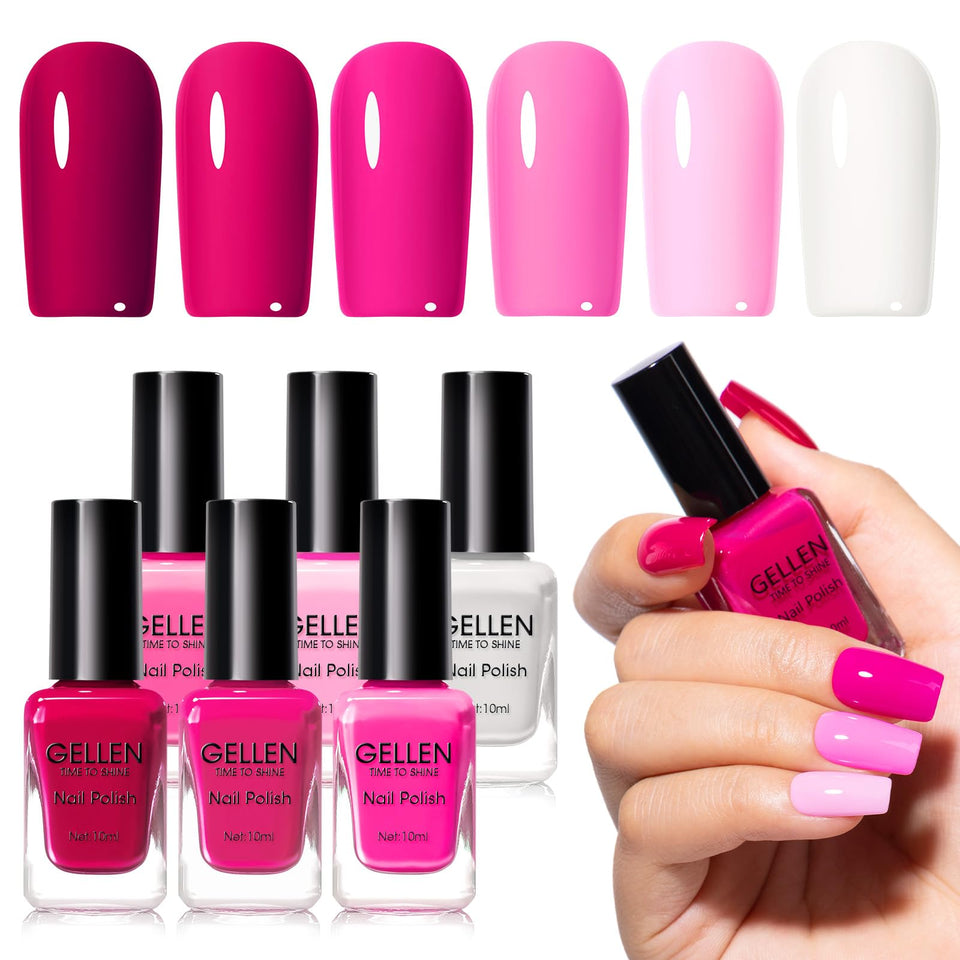 GELLEN front packaging of six hot pink polishes showing variety and bold color benefits