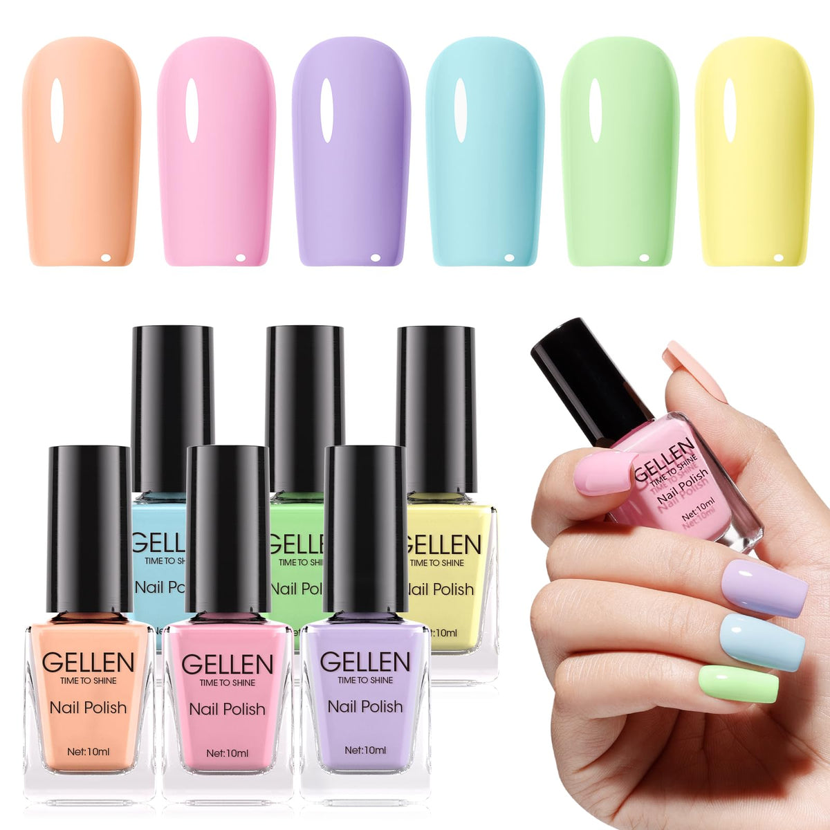 GELLEN front packaging showing six pastel shades and compact set benefit