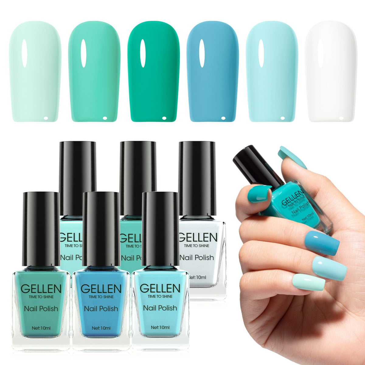 GELLEN front packaging showing six teal and turquoise bottles and easy selection benefit