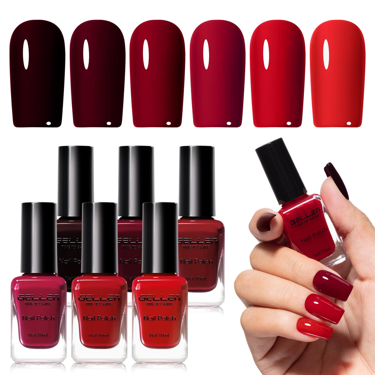 GELLEN front packaging showing six deep red bottles and palette benefit