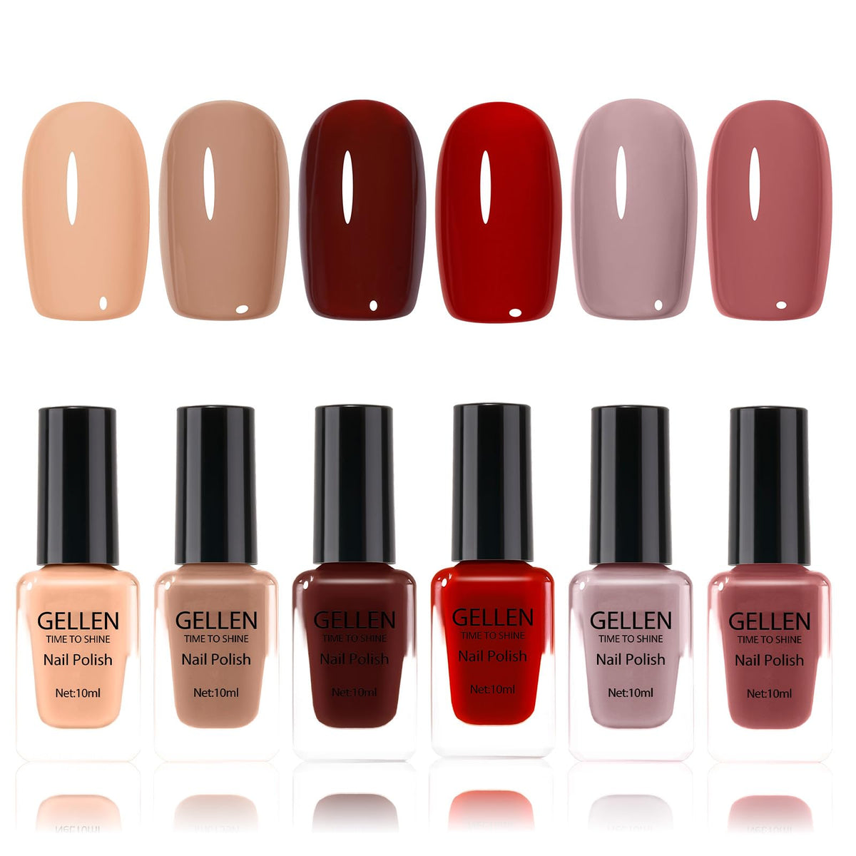 GELLEN front packaging showing six warm nude-red-brown polishes and quick-dry promise
