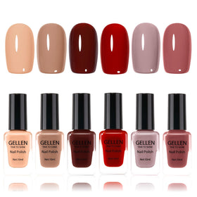 GELLEN front packaging showing six warm nude-red-brown polishes and quick-dry promise