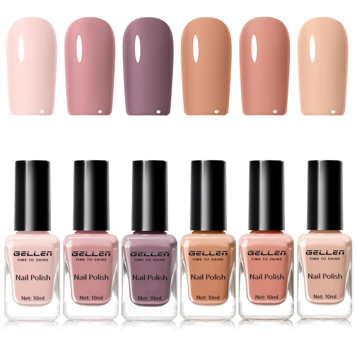 GELLEN front packaging showing six neutral polish bottles and palette