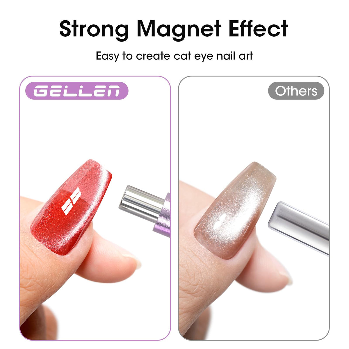 GELLEN magnet held above wet polish creating a cat-eye stripe that speeds up salon-quality results