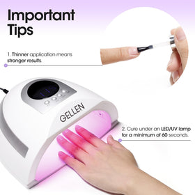 GELLEN next to nail tips and natural nail sample showing compatibility with acrylic, gel tips and natural nails.