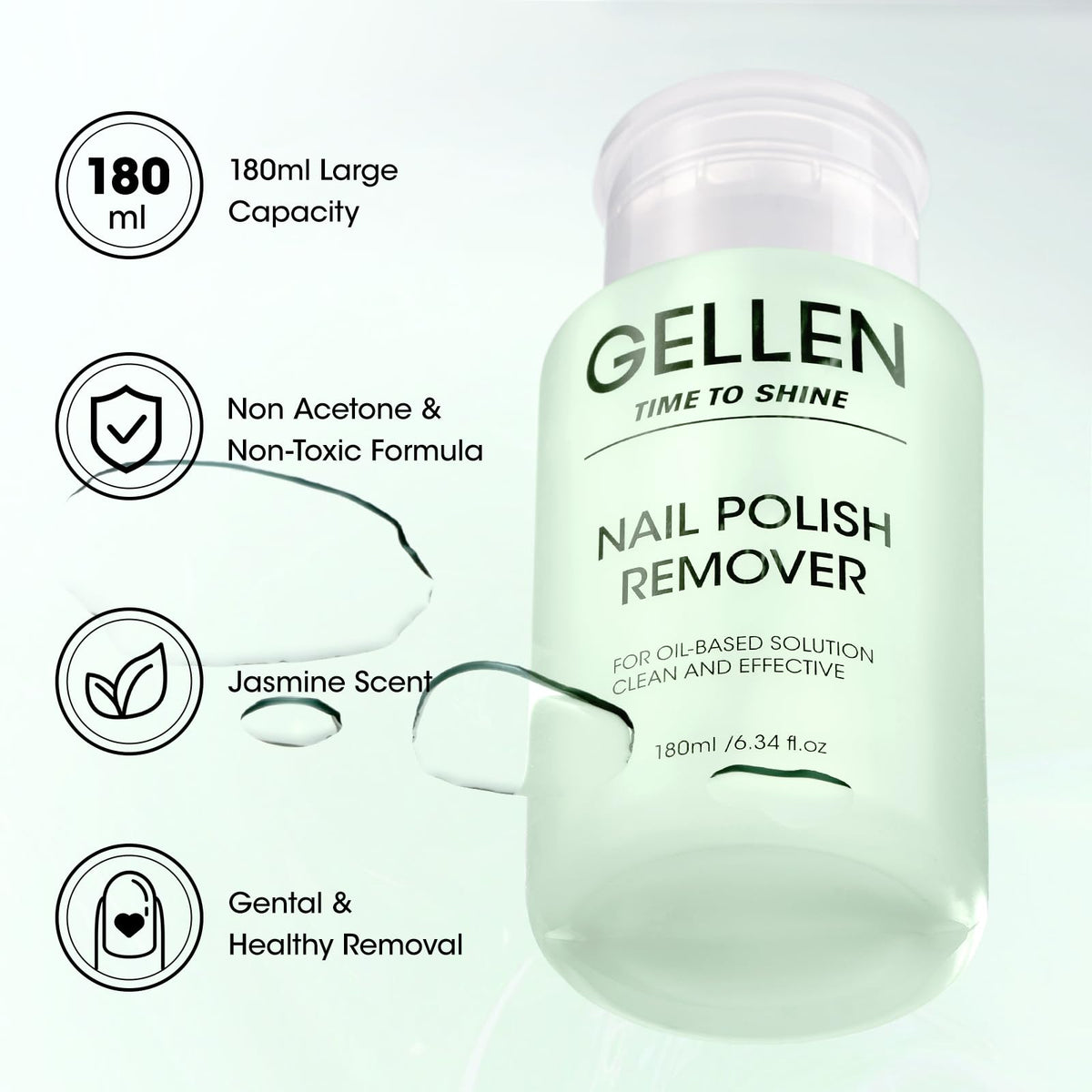 GELLEN pump close-up demonstrating one-handed dispensing and controlled dosing benefit