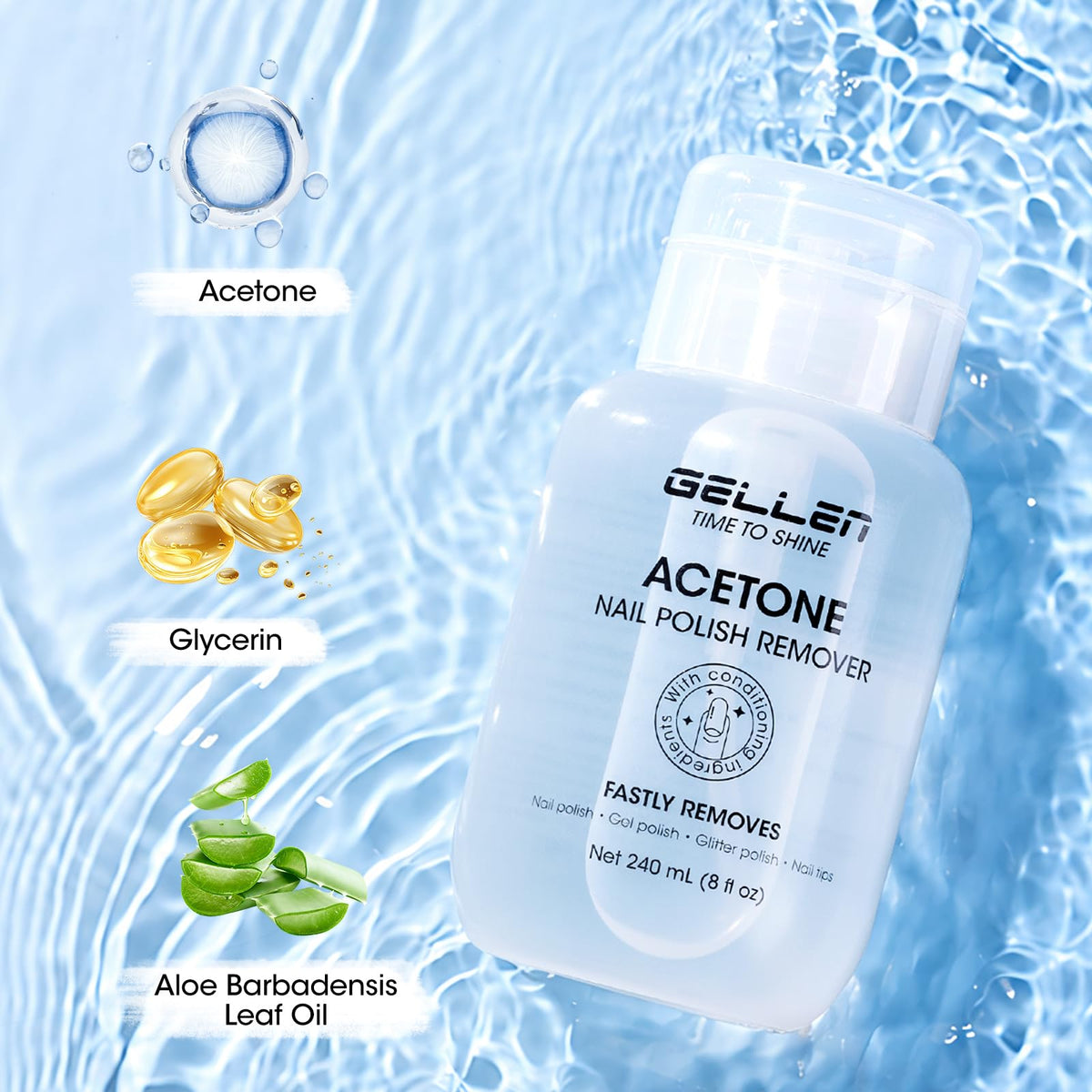GELLEN acetone texture droplet highlighting smooth formula and quick polish lift benefit