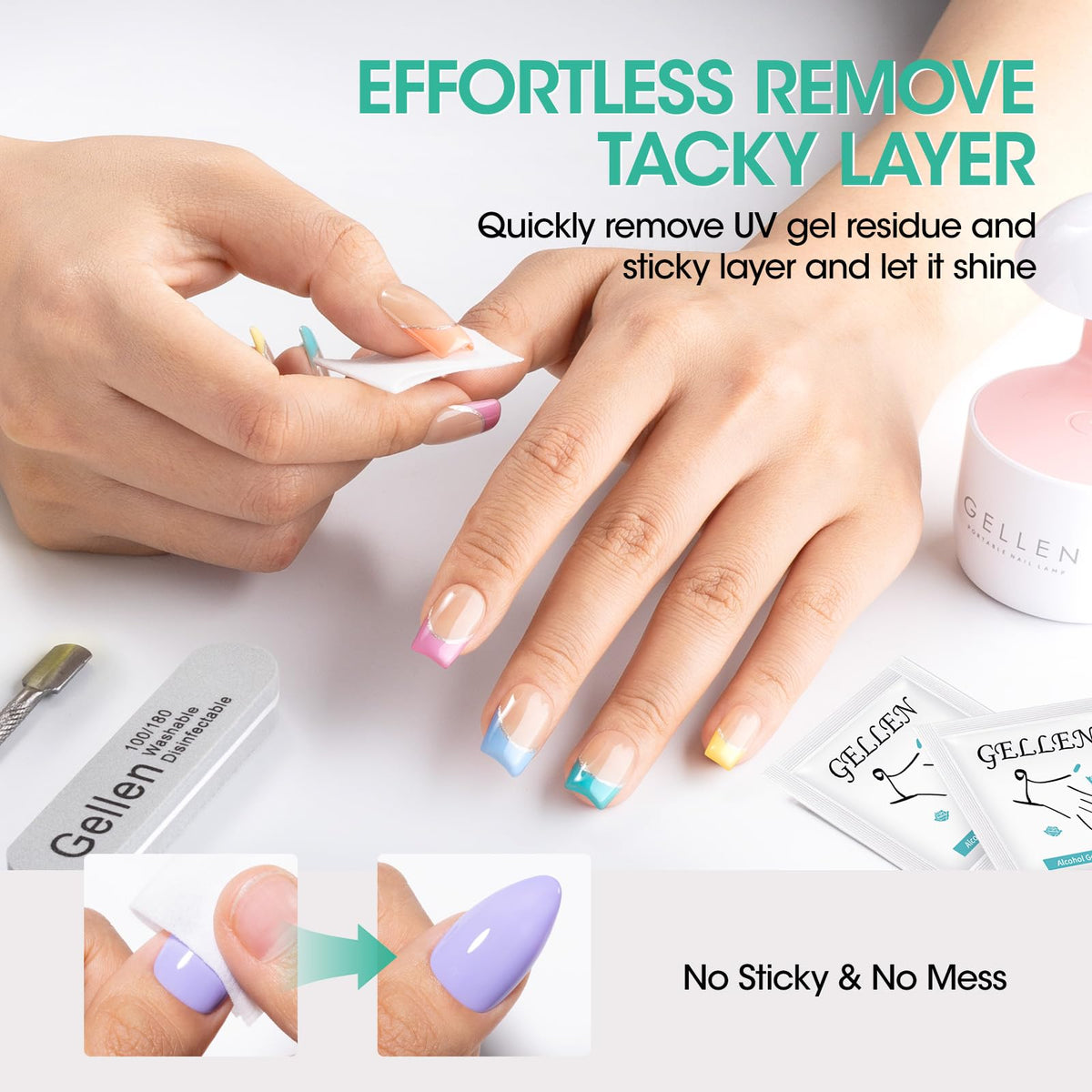GELLEN wipe in use prepping a nail to improve polish adhesion and finish