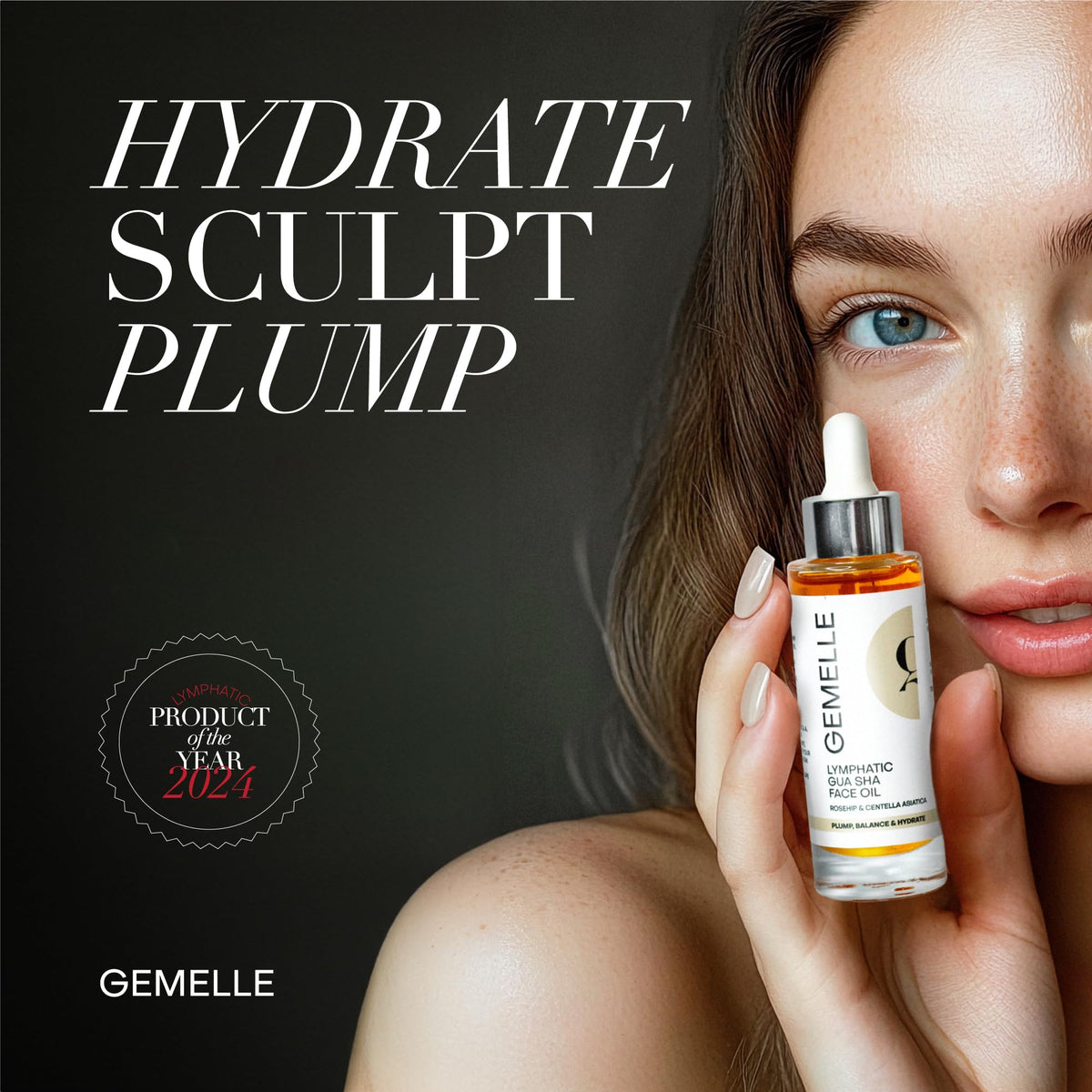 GEMELLE label close-up highlighting botanical ingredients and award-winning branding