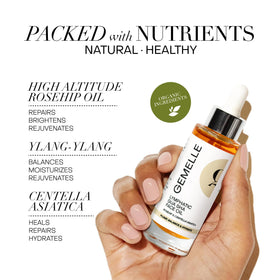 GEMELLE texture drops on glass showing lightweight oil absorption and hydration