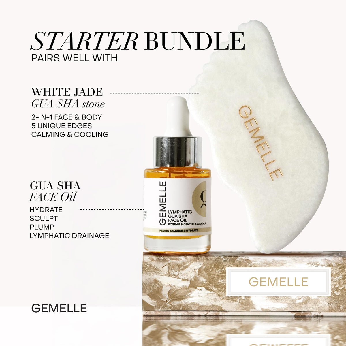 GEMELLE on bathroom vanity with gua sha evoking daily ritual and skin refreshment
