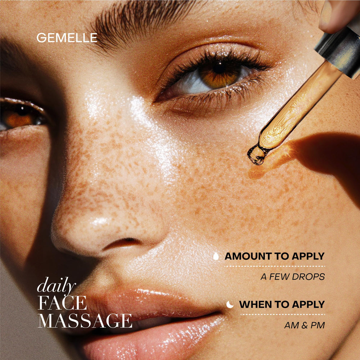 GEMELLE beside nighttime skincare items showing use as a nourishing night oil