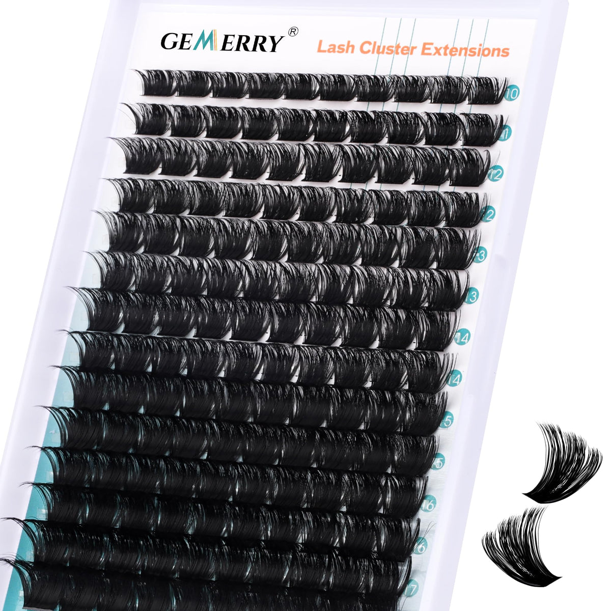 GEMERRY front packaging tray showing 280 cluster lashes and mixed lengths for fast DIY