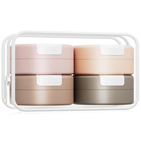 Gemice front view showing clear pouch and four jars for neat travel