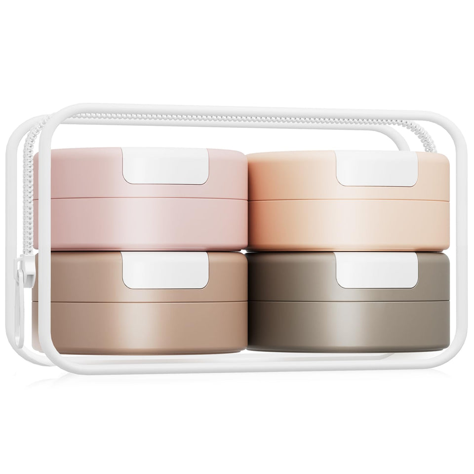 Gemice front view showing clear pouch and four jars for neat travel