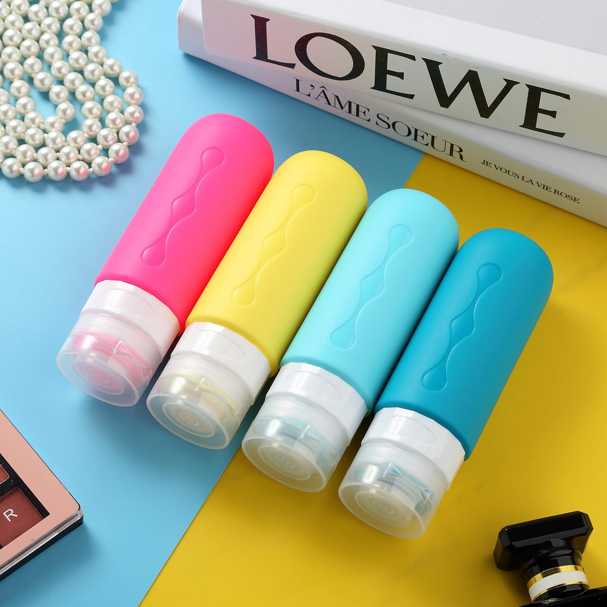 Gemice bottles beside passport and boarding pass showing travel-friendly size benefit