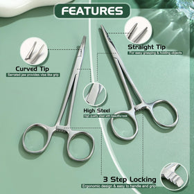 GEMQUEEN curved forceps detail showing gear grip for steady handling and precision