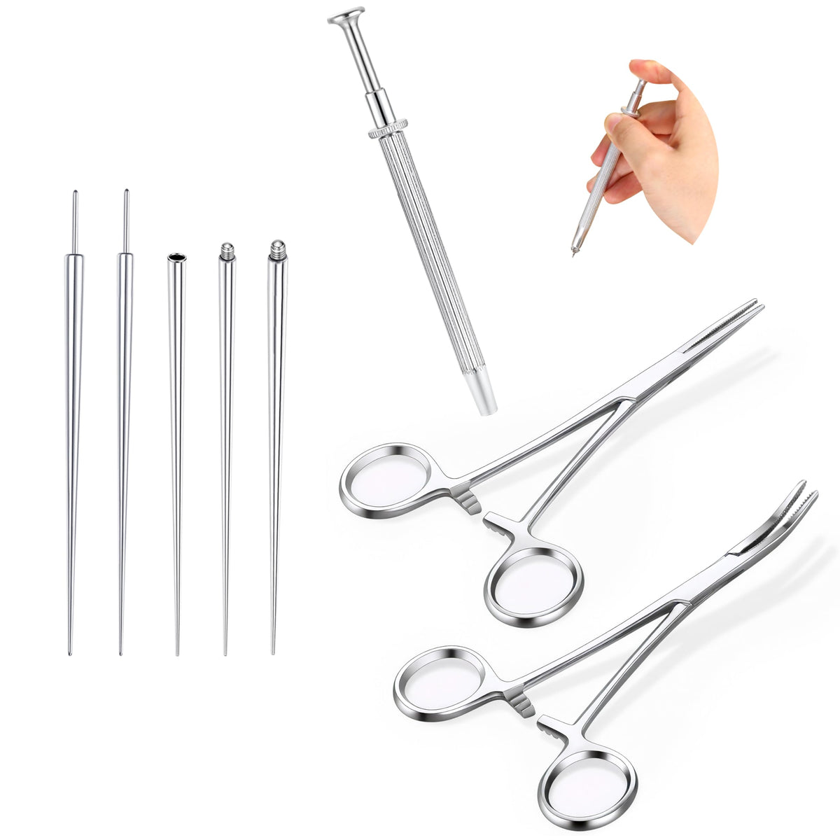 GEMQUEEN front view of the full 8pc piercing tool kit showing neat layout and tools