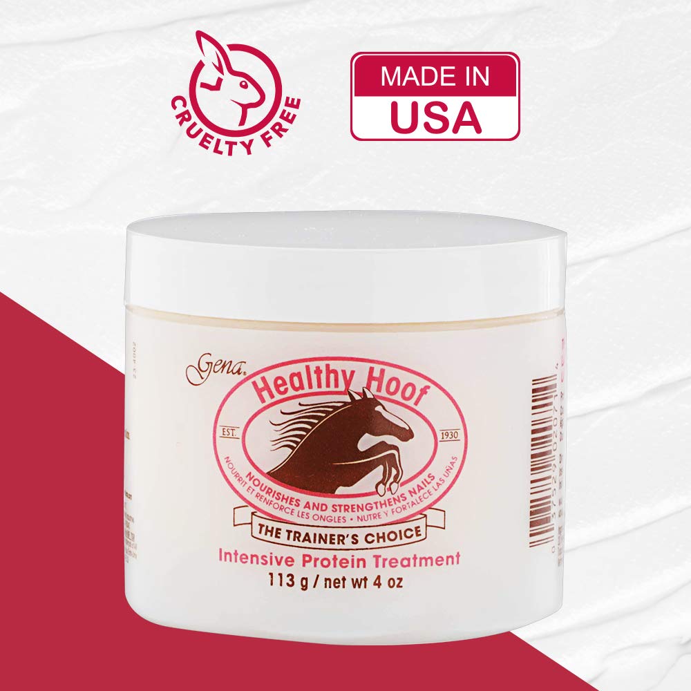 Gena Healthy Hoof ingredient label closeup emphasizing castor oil and soybean protein benefits