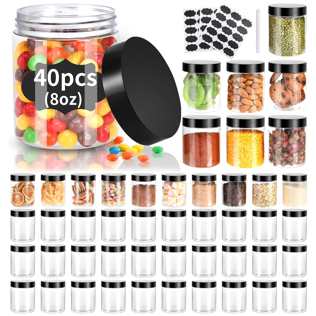 Gencywe front view of 40 clear jars showcasing tidy set for organization