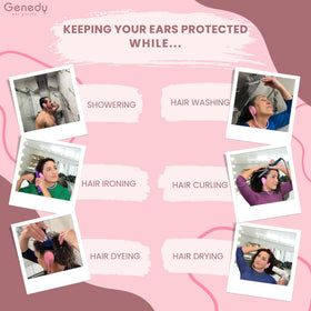 Genedy ear covers worn in shower keeping ears dry and comfortable