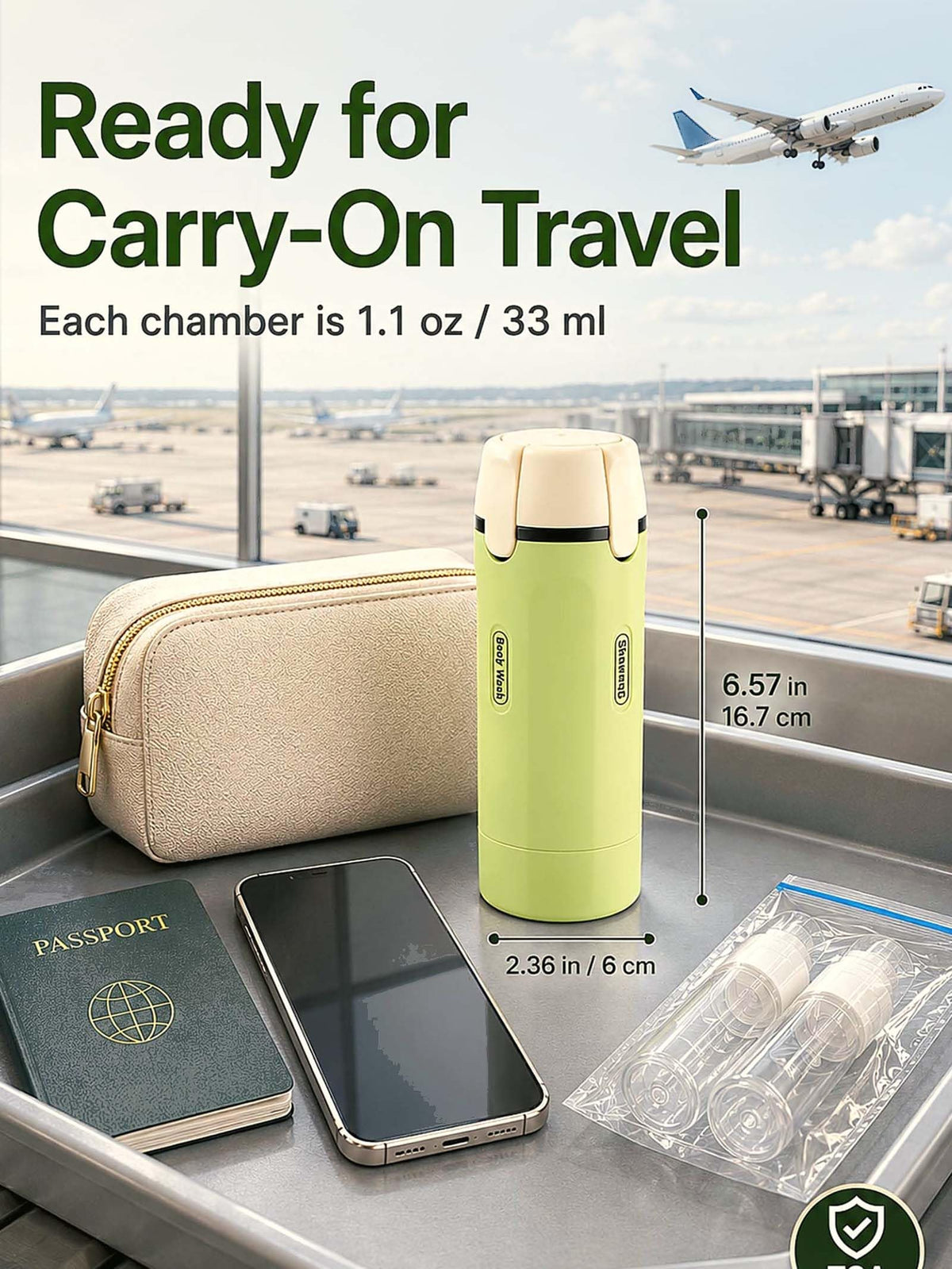 Generic brand size comparison beside passport showing TSA-compliant benefit