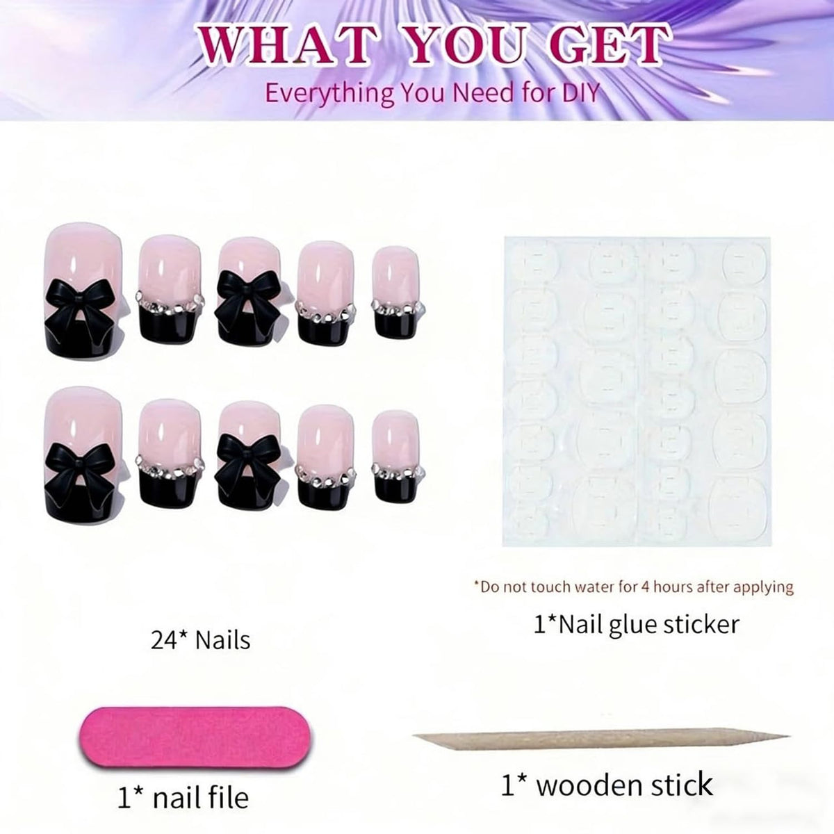 Generic layout of kit with jelly stickers, file and wooden stick showing convenience and complete set benefit