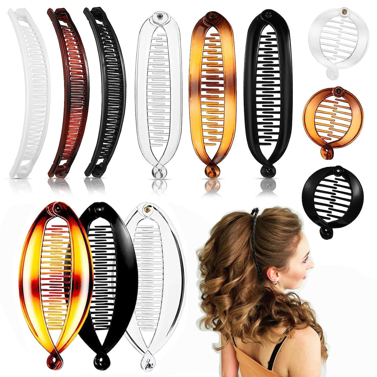 Generic brand banana clip front packaging showing full 12-piece set and colors, easy styling