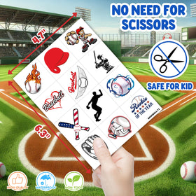 Generic baseball stickers on a water bottle showing durable waterproof benefit