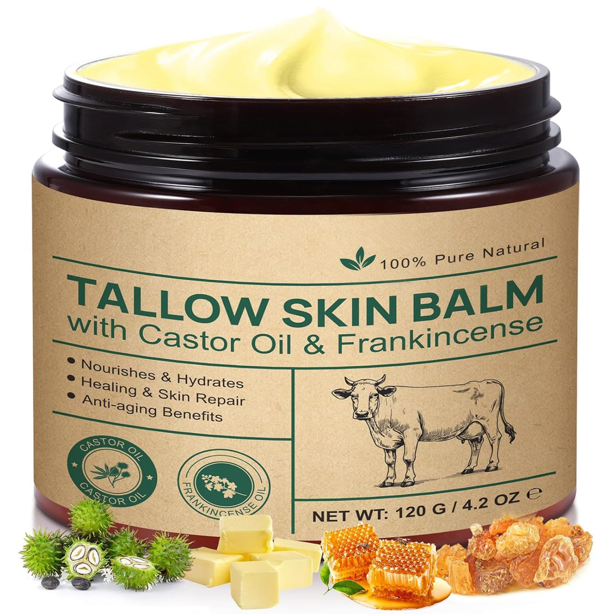 Generic brand front jar of beef tallow balm highlighting jar design and moisturizing benefit