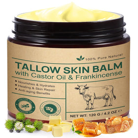 Generic brand front jar of beef tallow balm highlighting jar design and moisturizing benefit