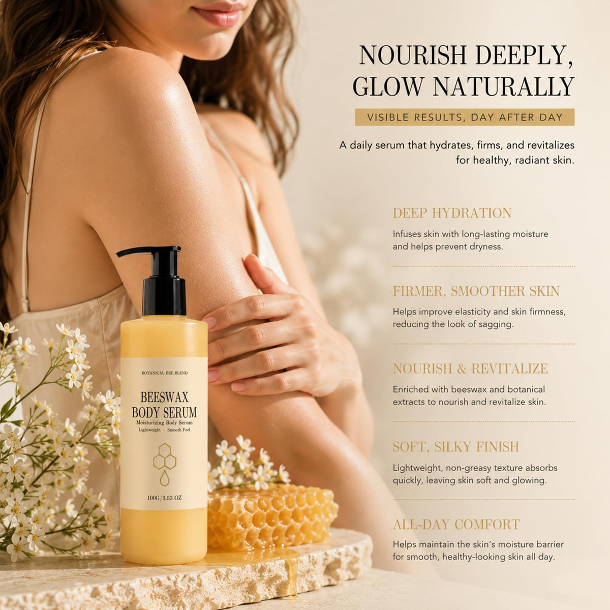 Generic beeswax pump dispensing serum for precise, waste-reducing use
