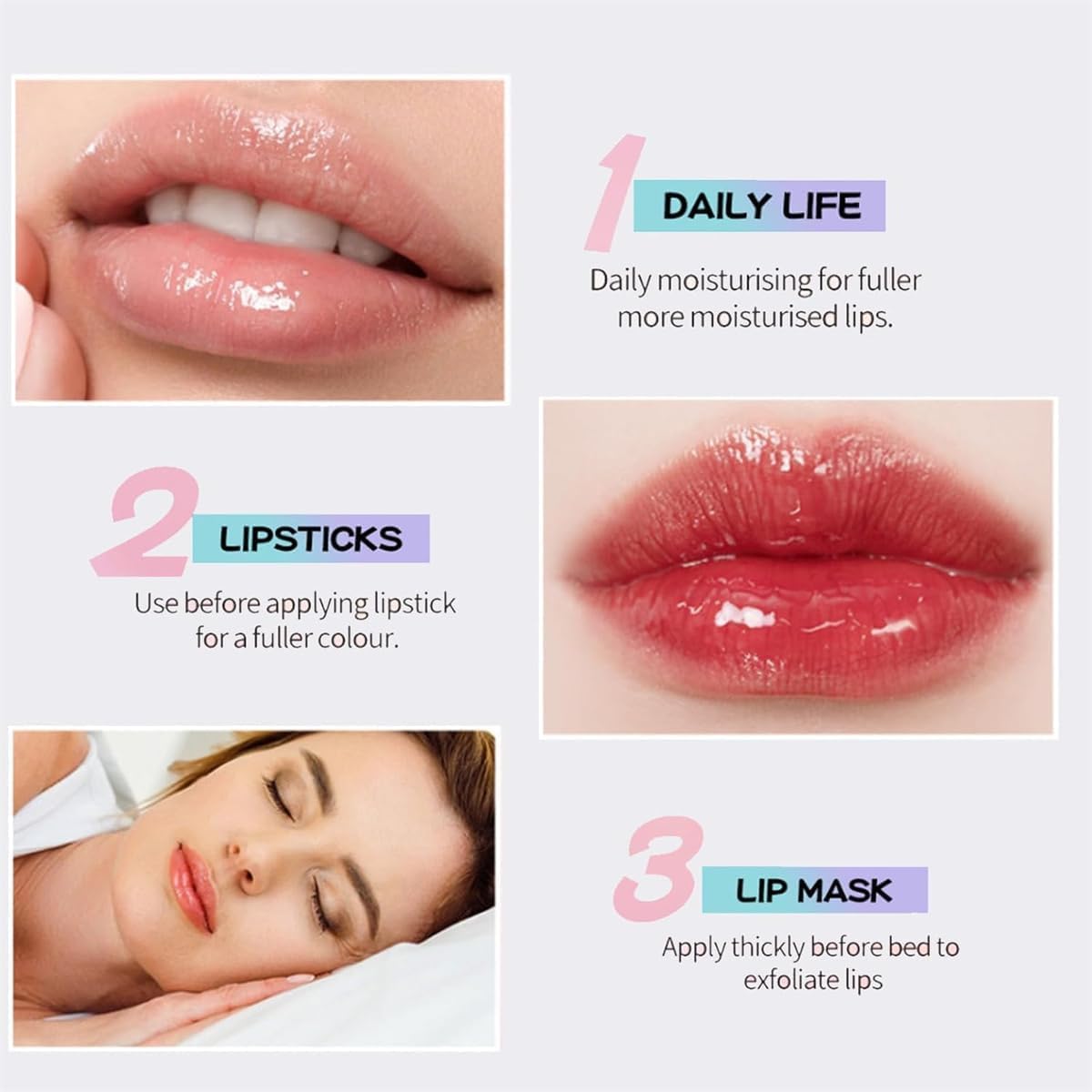 Generic before and after illustration of lips, shows improved evenness and brightness