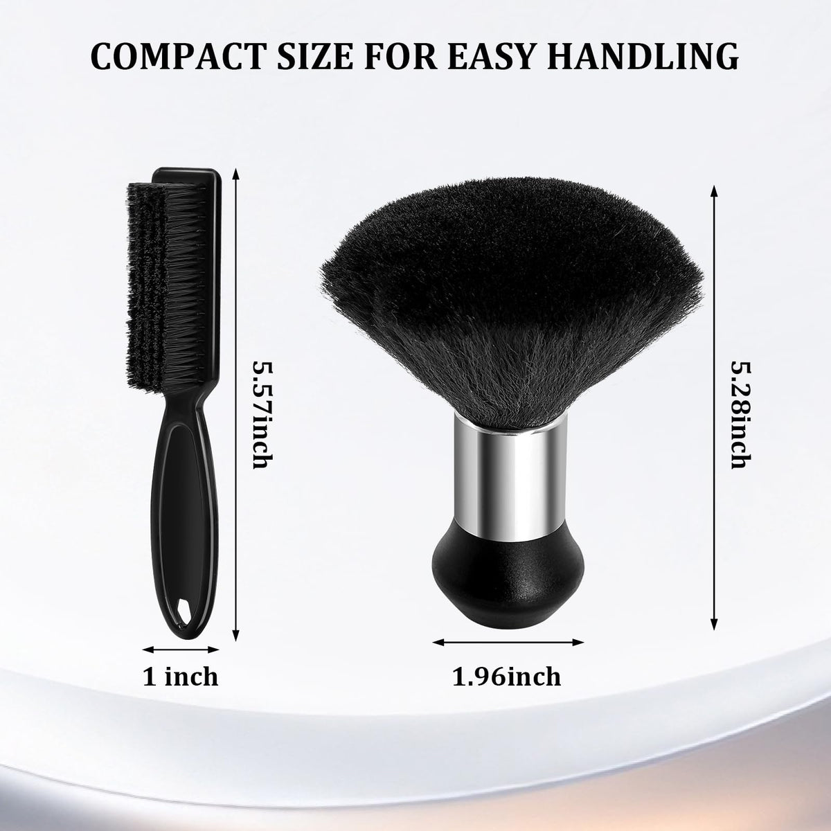 Generic brush set in use sweeping hair from a client neckline for a neat salon finish