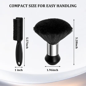 Generic brush set in use sweeping hair from a client neckline for a neat salon finish