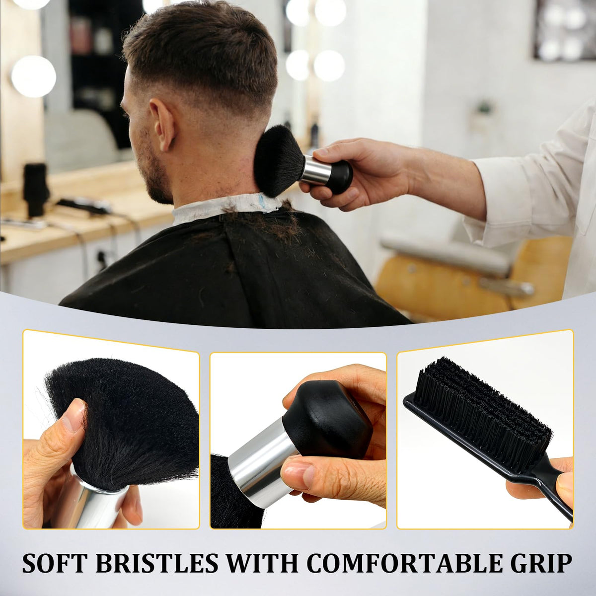 Generic brushes resting on a salon station showing compact storage and easy reach between cuts