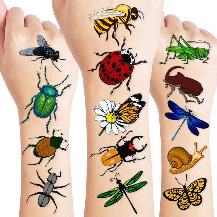 Generic brand front packaging showing 96 bug tattoos, vibrant party-ready designs
