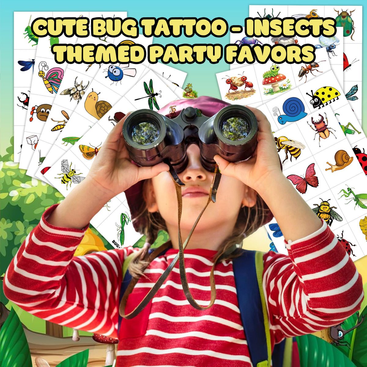 Generic brand close-up of tattoo sheet showing colorful bug illustrations and detail